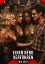 „EINEN NERD VERFÜHREN“ und „MIA GRAF“ in weißem Text. Drei Frauen in eleganten Kleidern umgeben einen Mann mit Brille.