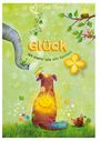 „Glück ist mehr als ein Symbol“, fröhliche Tiere, bunte Blumen, Herzchen und Kleeblatt auf grünem Hintergrund.