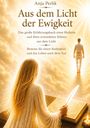 Titel: "Aus dem Licht der Ewigkeit" von Anja Perlik. Eine Person mit Feder vor goldenem Licht und einer anderen Person.