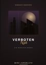 "Verboten Nah" in weiß und gold; Illustration: zwei Silhouetten vor stilisiertem städtischen Hintergrund bei Vollmond.