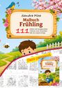 „Sandra Plha Malbuch Frühling 111 Seiten“ auf Holzschild, bunte Frühlingsblumen und fröhlicher Junge.