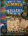 Text: "Who is the Summer Playground Killer?" Banner, Schilder, Karte mit Spielplatz und Verdächtige. Spielerisches Design.