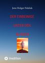 „Der Einbeinige unter den Blinden“ von Jens Holger Fidelak. Unten ein Mann mit Krücken vor einem Sonnenuntergang.
