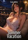 Text: "Emily White" und "Summer Vacation". Eine Frau in nassem, weißem Kleid sitzt, Hintergrund ist ein Nachthimmel mit Mond. Illustrativ.