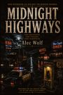 Titel: MIDNIGHT HIGHWAYS. Ein Sheriff-Auto und ein LKW auf einer nassen Straße bei Nacht, umgeben von Leuchtreklamen.