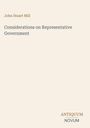 Text: "Considerations on Representative Government" von John Stuart Mill. Unten rechts steht "ANTIQUM NOVUM". Minimalistisches Design.