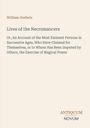 Text: "William Godwin. Lives of the Necromancers. Or, An Account of the Most Eminent Persons..." Unten: "ANTIQUM NOVUM". Cremefarbener Hintergrund.