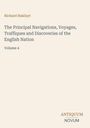 Titel: "The Principal Navigations, Voyages... English Nation" von Richard Hakluyt, Band 4. Unten rechts "ANTIQUM NOVUM". Beige Hintergrund.