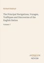 Text: "Richard Hakluyt, The Principal Navigations, Voyages, Traffiques and Discoveries of the English Nation, Volume 7." Unten: "ANTIQUM NOVUM". Hellbeiger Hintergrund.