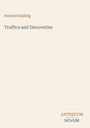 Titel: "Traffics and Discoveries" von Rudyard Kipling. Unten rechts steht "ANTIQUM NOVUM". Beigefarbener Hintergrund.