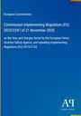 Text über EU-Verordnung von 2025 zu Gebühren der Luftfahrtbehörde. Blaues Design, Verlag im unteren Bereich.