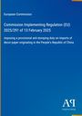 Text: "Commission Implementing Regulation (EU) 2025/291 of 13 February 2025, anti-dumping duty on decor paper from China." 
Hintergrund: Blau mit einem weißen Logo unten rechts.