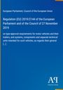 Regulation (EU) 2019/2144 des Europäischen Parlaments. Blaues Cover, EU-Thema, Text über Fahrzeugzulassungen. 