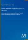 Text: "Council of the European Union, Council Regulation (EU) No 833/2014 of 31 July 2014." Blaues Cover, symmetrisches Design.