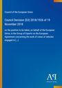 „Council Decision (EU) 2018/1926 of 19 November 2018“. Blau mit gelbem Rand, kleines weißes Logo unten.