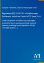 Regulation (EU) 2019/1241 zum Schutz der Fischereiressourcen, marine Ökosysteme. Blau mit gelbem Rand. Logo "AQ".