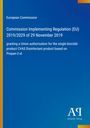 Text: Europäische Kommission, EU-Verordnung 2019/2029, Lizenzerteilung für CVAS Desinfektionsmittel. Blaues Design mit Logo.