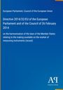 Directive 2014/32/EU, Harmonisation of laws on market measuring instruments. Blauer Hintergrund, Verlag Antiphon Logo.