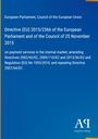 Text: Directive (EU) 2015/2366, European payments, amending directives. Blaues Cover mit gelbem Streifen links. Logo: "ΑΓ".