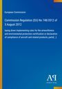 Text: "Commission Regulation (EU) No 748/2012 of 3 August 2012". Blauer Hintergrund mit einem gelben Senkrechtstreifen links.