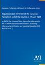 Blauer Hintergrund mit weißem Text über eine EU-Verordnung von 2019 zu ENISA und Cybersecurity. Unten rechts ein Logo.