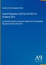 Council Regulation (EU) No 267/2012, Maßnahmen gegen Iran, blaues Layout, Antiphon Verlag-Logo unten rechts.