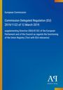 "Commission Delegated Regulation (EU) 2019/1122" auf blauem Hintergrund, gelbe und orange Akzente, Logo unten.