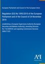 Text zur EU-Verordnung Nr. 1095/2010 über die Gründung der ESMA auf blauem Hintergrund, Logo unten rechts.