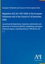 Text: Regulation (EC) No 1907/2006, REACH, European Chemicals Agency. Design: Blau mit weißen Buchstaben. Logo unten rechts.