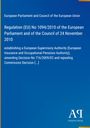 Text über EU-Verordnung 1094/2010 zur Einrichtung einer europäischen Aufsichtsbehörde. Blau mit weißem Logo.