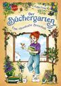„Der Büchergarten: Eine rätselhafte Botschaft“, Katja Frixe. Illustration: Mädchen mit Buch und Vogel in farbenfrohem Raum.