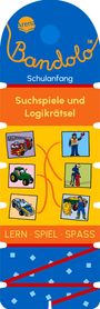 Suchspiele, Logikrätsel. Illustrationen von Fahrzeugen und Berufen, darunter Feuerwehr, Polizei, Traktor.