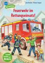 Feuerwehr im Rettungseinsatz! Illustration: Feuerwehrleute und Zivilpersonen vor einem Feuerwehrauto in Aktion.