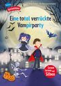 "Eine total verrückte Vampirparty." Zwei fröhliche Vampire, ein Skelett, Kürbisse, eine Fledermaus und ein dunkler Himmel.