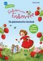 "Erdbeerfee, Ein geheimnisvolles Geschenk, Lesen lernen mit Bildern". Illustration: Ein Mädchen verteilt Erdbeeren.
