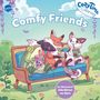 "Comfy Friends", "Von Illustratorin Julia Körner alias Dyru". Illustration: Tiere auf Sofa mit Getränken, entspannte Atmosphäre.