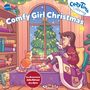 „Comfy Girl Christmas“ in blauen Buchstaben. Gemütliches Wohnzimmer mit Mädchen, Katze, Weihnachtsbaum und warmen Dekorationen.
