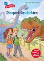 "Dinopark-Geschichten" von Sabine Zett, Adrian vom Baur. Illustration: Zwei Kinder vor Dinosauriern und Achterbahn.