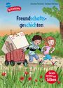 Cover von "Freundschaftsgeschichten". Zwei fröhliche Kinder ziehen einen Handwagen mit Karton und Eichhörnchen.