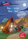 Titel: "Räuber in der Dunkelheit". Kinder schauen aus Zelt, Hintergrund mit Mond und Zaun. "Krimi zum Mitraten" steht dabei.