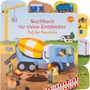„Suchbuch für kleine Entdecker - Auf der Baustelle“, zeigt eine Baustellenszene mit Bauarbeitern, einem Betonmischer und Kran.
