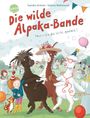 „Die wilde Alpaka-Bande. Feiern bis die Wolle qualmt!“ Drei Alpakas und ein Kind tanzen fröhlich auf einer Partywiese.