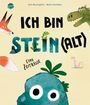Text: "ICH BIN STEIN(ALT) EINE ZEITREISE".  
Illustration eines Fuchses, Dinosauriers, eines Steins mit Augen und einer Raupe.
