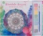 „Mandala-Auszeit im Metallic-Look“. Runde, detailreiche Mandala-Illustration mit buntem Aquarell-Hintergrund.