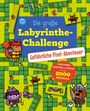 "Die große Labyrinthe-Challenge: Gefährliche Pixel-Abenteuer, mit über 2000 Stickern." Bunte Cartoon-Tiere in einem Labyrinth.