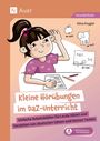 Der Text "Kleine Hörübungen im DaZ-Unterricht" und Illustrationen eines Mädchens, Apfel, Hund und einer Tafel.