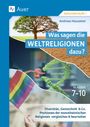 Cover eines Buches mit Weltenbaum, DNA-Strang, Regenbogenflagge. Titel: "Was sagen die Weltreligionen dazu?" Klassen 7-10.