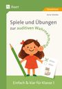 "Spiele und Übungen zur auditiven Wahrnehmung. Einfach & klar für Klasse 1." Kind mit Stift und Papier, Katze abgebildet.