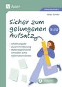„Sicher zum gelungenen Aufsatz“. Illustration: Person hält riesigen Bleistift; Blätter fliegen, Button „Alle Materialien zum Download“.