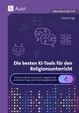 "Die besten KI-Tools für den Religionsunterricht." Eine Illustration mit KI-Icons auf lila Hintergrund.